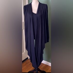 Black , long-sleeved draped front overlay waterfall top blouse
